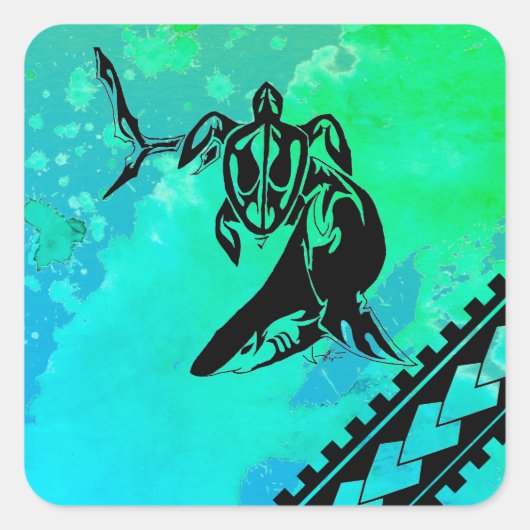Sticker Carré Tortue et requin d'inspiration polynésienne (Devant)