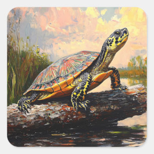 Sticker Carré Tortue mignonne sur un rondelle Everglades peintur
