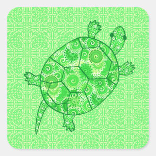 Sticker Carré Tortue tourbée fractale - chaux et vert émeraude