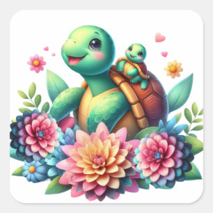 Sticker Carré Tortues de mer florales douces