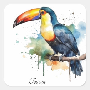 Sticker Carré Toucan sur branche Art à l'aquarelle, personnalisé