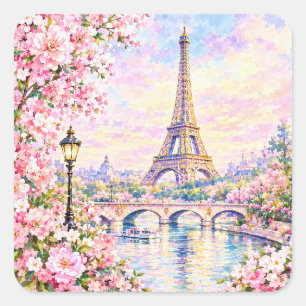 Sticker Carré Tour Eiffel aquarelle florale rose Paris française