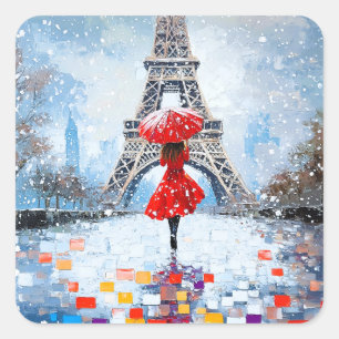 Sticker Carré Tour Eiffel de Paris Romance d'hiver Parapluie Rou