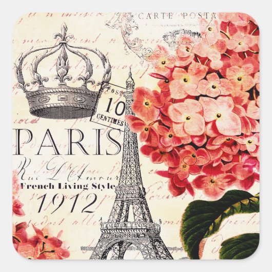Sticker Carré Tour Eiffel et hydrangea (Devant)