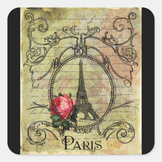 Sticker Carré Tour Eiffel Paris et Rose Rouge Steampunk (Devant)
