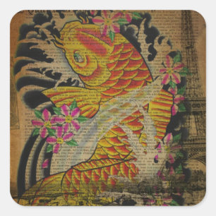 Sticker Carré tour eiffel rustique tatouage japonais koi poisson