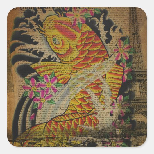 Sticker Carré tour eiffel rustique tatouage japonais koi poisson (Devant)