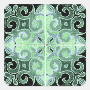 Sticker Carré Tourbillon noir vert inspiré par Azulejos portugai