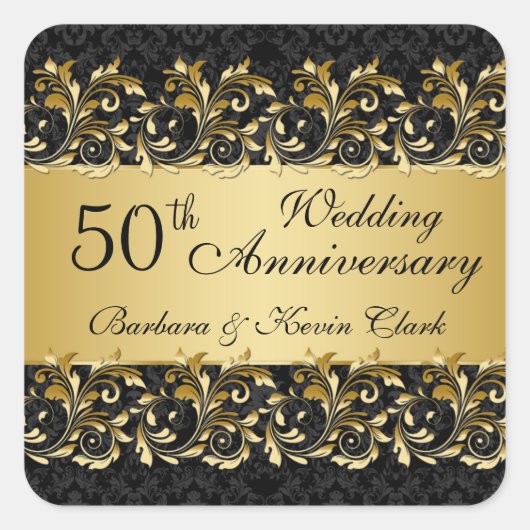 Sticker Carré Tourbillons d'or, damas 50e anniversaire de Mariag (Devant)