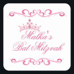 Sticker Carré Tourbillons roses, logo Bat mitzvah Tiara<br><div class="desc">Tourbillons roses et Tiara avec des images numériques de perles roses et pierres gemmes dans un Sticker Bat mitzvah en forme de coeur. Vous pouvez l'utiliser pour différentes occasions.</div>