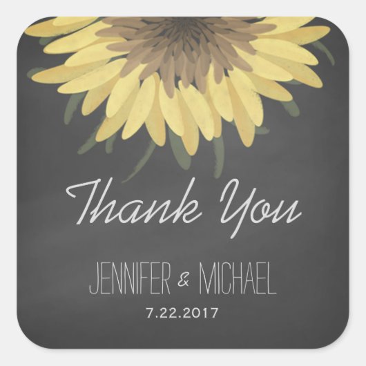 Sticker Carré Tournesol Chalkboard Russe Mariage Merci (Devant)