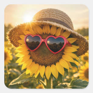 Sticker Carré Tournesol portant des lunettes de soleil et un cha