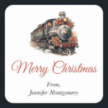 Sticker Carré Train à vapeur à l'ancienne Noël rétro<br><div class="desc">Stickers avec l'illustration d'un vieux train à vapeur vintage. Décoré de fleurs rouges de Noël.</div>