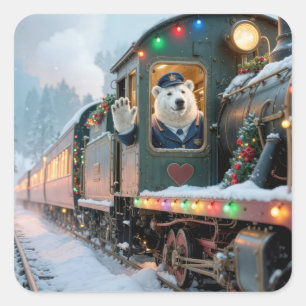 Sticker Carré Train de Noël Vintage avec ours polaire agitant