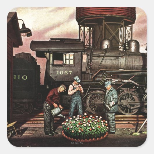 Sticker Carré Train Yard Flower Garden par Stevan Dohanos (Devant)