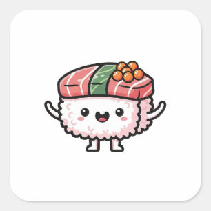 Sticker Carré Tranche de Sushi Heureuse – Illustration Kawaii Mi