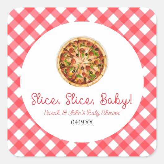 Sticker Carré Trancher, Trancher, Bébé ! Baby shower à la pizza (Devant)