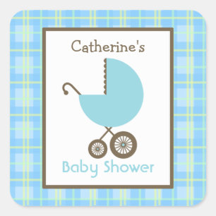 Sticker Carré Transport baby shower Bleu & Plaid