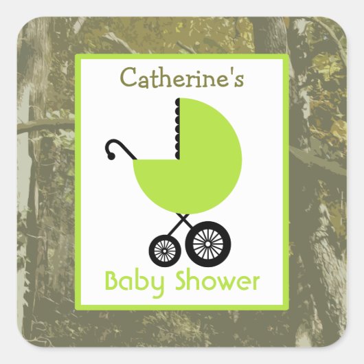 Sticker Carré Transport vert baby shower et camouflage (Devant)