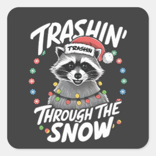 Sticker Carré Trashing Through the Snow Funny Raccoon Christmas