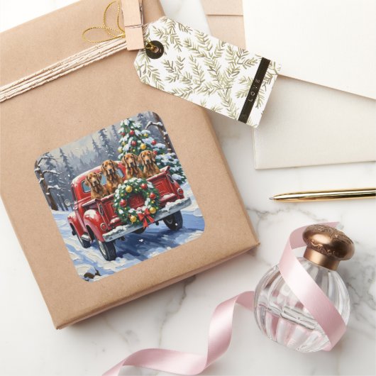 Sticker Carré Treeing Walker Coonhound Christmas Red Truck (Cadeaux)