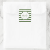 Sticker Carré Trendy Dark Green Awning Stripes Monogramme et nom (Sac)