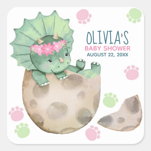 Sticker Carré Tricératops Dinosaur Baby shower fille (Devant)