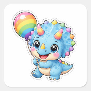 Sticker Carré Triceratops Mignon Ballon Arc-en-Ciel