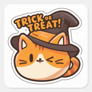 Sticker Carré Trick or Treat ! - Chat avec chapeau 1