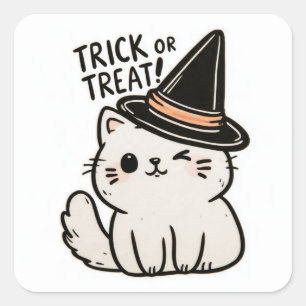 Sticker Carré Trick or Treat ! - Chat blanc avec chapeau 1