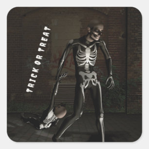 Sticker Carré Trick or Treat. Homme déguisé en squelette