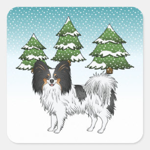 Sticker Carré Tricolore Papillon Cute Dog Dans Une Forêt D'Hiver