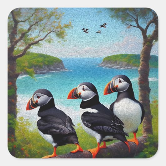Sticker Carré Trio côtier : Trois Puffins à la plage d'Oils (Devant)