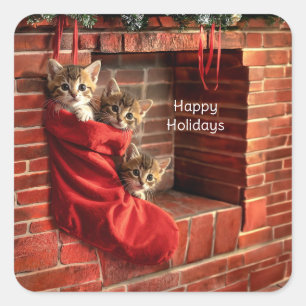 Sticker Carré Trois chatons dans une chaussette de Noël Autocoll