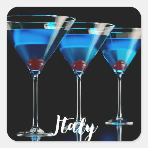 Sticker Carré Trois cocktails bleus avec cerise sur fond noir