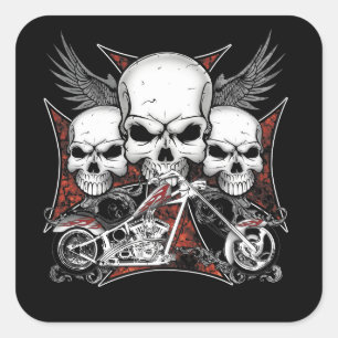 Sticker Carré Trois crâne avec Carré de motocyclette Red Chopper