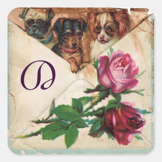 STICKER CARRÉ TROIS DOGGIES AVEC MONOGRAM ROSE (Devant)