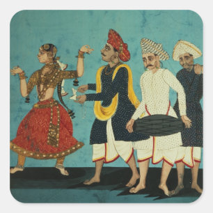 Sticker Carré Trois musiciens et une fille dansante, Tanjore, Ta