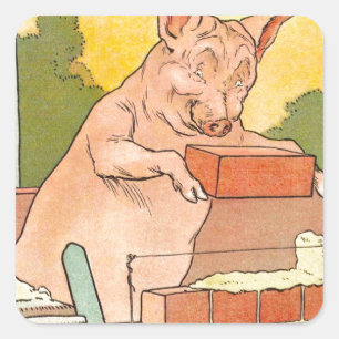 Sticker Carré Trois petits cochons : briques pour construire une