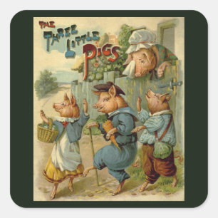 Sticker Carré Trois Petits Cochons Conte de Fées Vintage