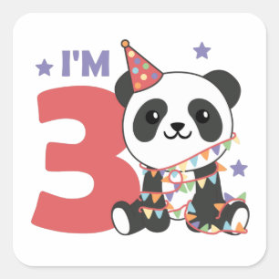 Sticker Carré Troisième Anniversaire Panda Pour Enfants 3 Ans Ca