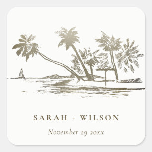 Sticker Carré Tropical Beach Palm Tree croquis Pale Gold Mariage