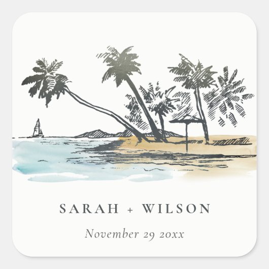 Sticker Carré Tropical Beach Palm Tree Sketch Mariage d'aquarell (Devant)
