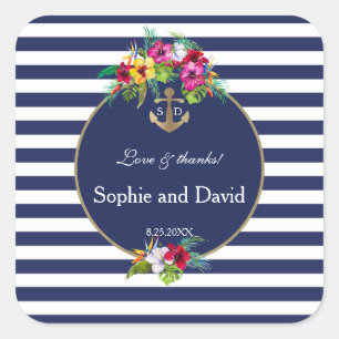 Sticker Carré Tropical Floral Luau Marine Blue Stripes Mariage
