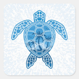 Sticker Carré Tropical Island Sea Turtle Design en bleu