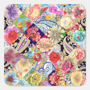 Sticker Carré Tropical motif floral, couleurs vives.