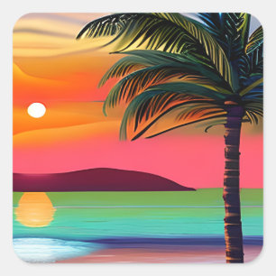 Sticker Carré Tropical Palm Tres et Sunset Thème