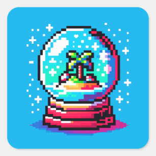 Sticker Carré Tropical Snow Globe Pixel Art Beach Hiver