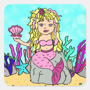 Sticker Carré Tropical Under the Sea Mermaid