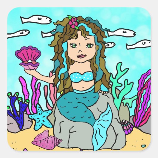 Sticker Carré Tropical Under the Sea Turquoise Mermaid (Devant)